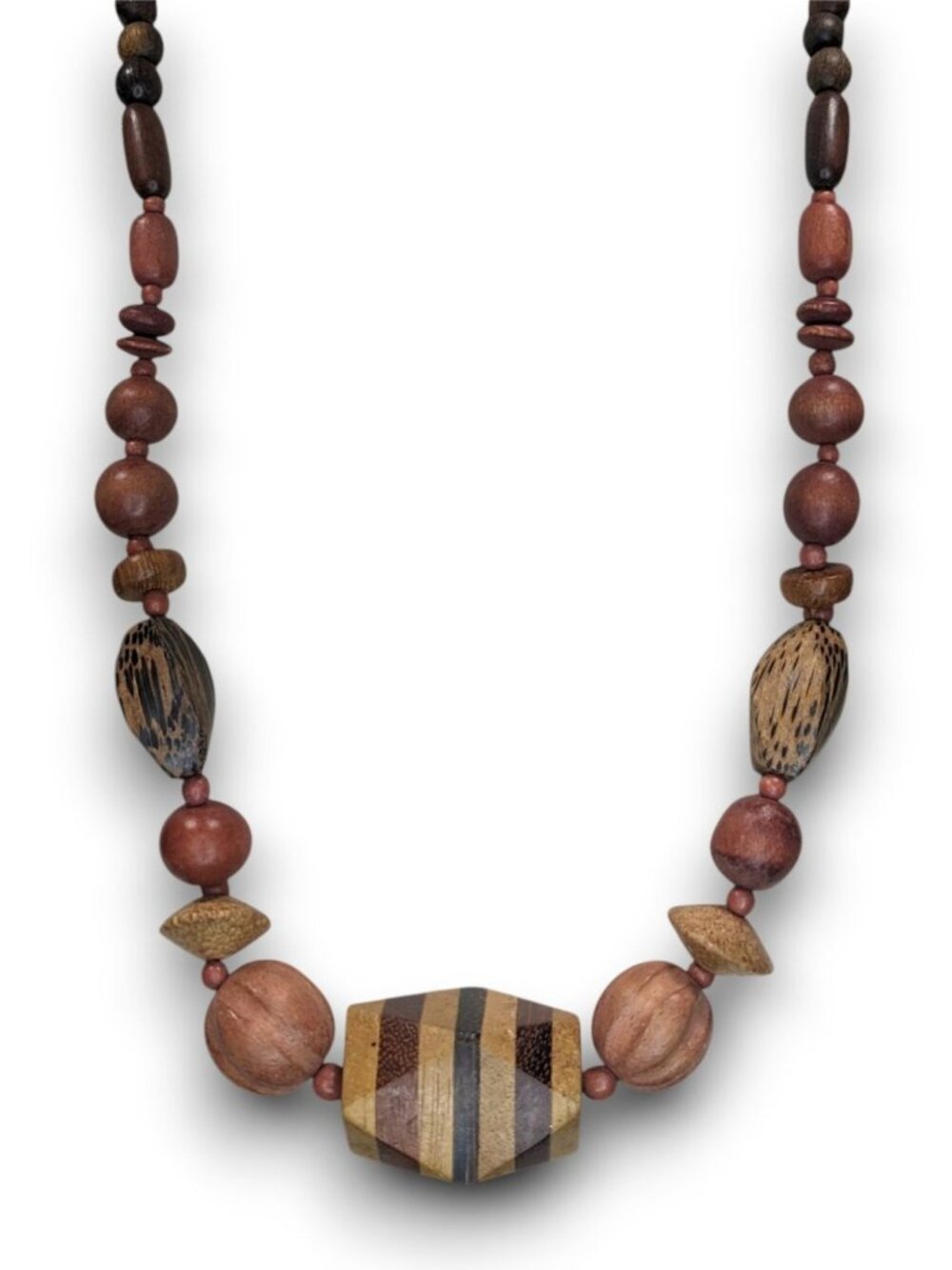 Vintage Boho Wood Brown Geometric Beaded Necklace 21 Inch